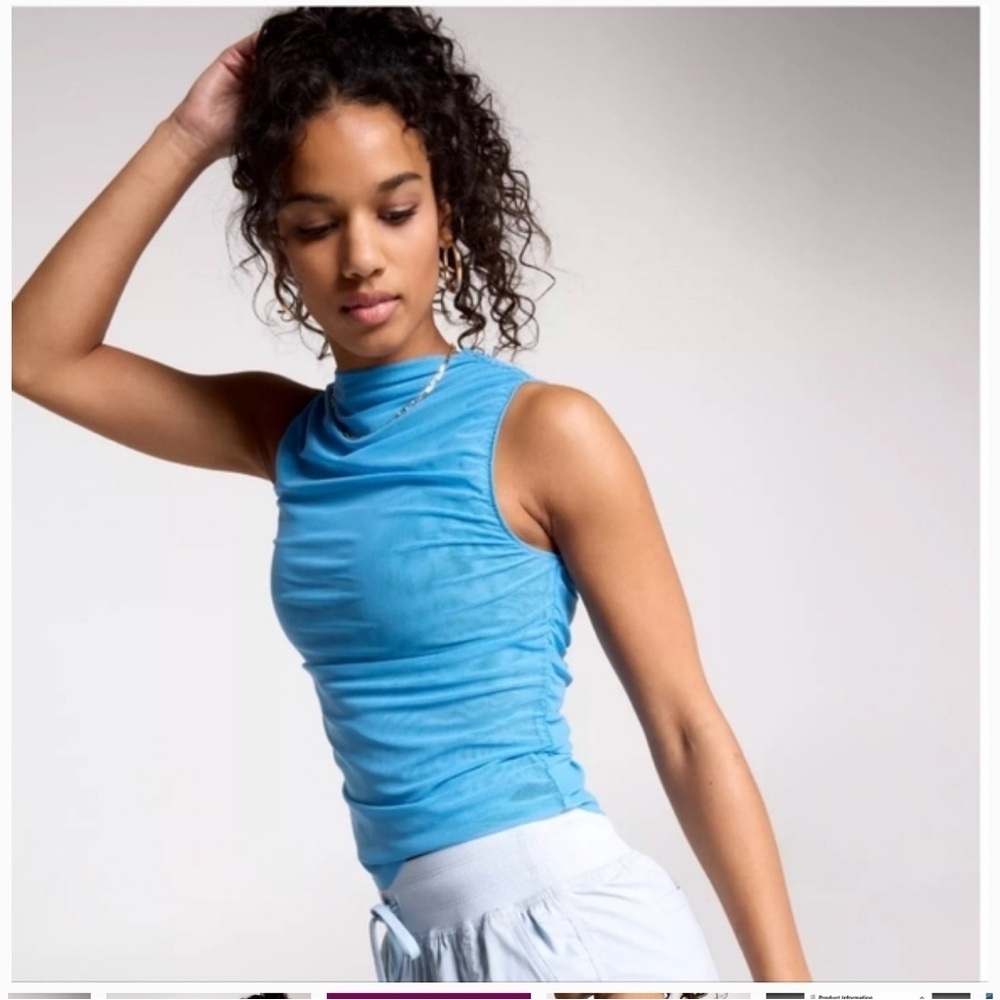 New Calia Small Ruched Mock Neck Mesh Tank Tranquil Light Blue Yoga Pilates